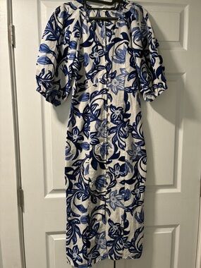 H&M White Midi Dress with Blue Floral Print
